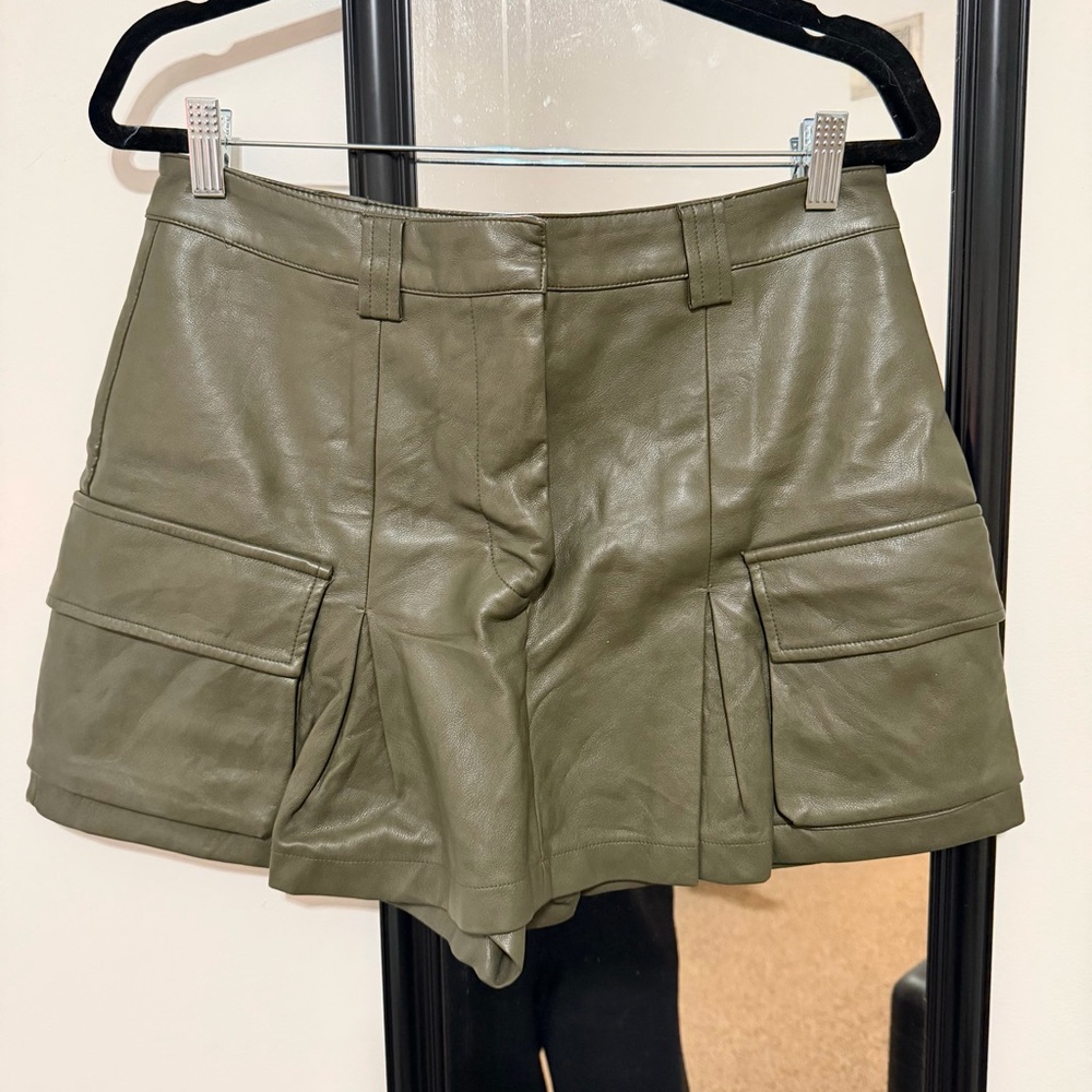 Avec Les Filles Olive Green Leather Cargo Shorts